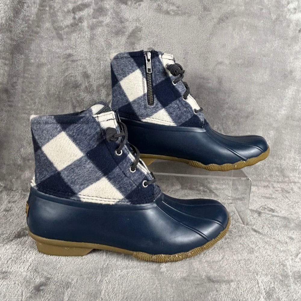 Sperry Saltwater Duck Boots Navy Buffalo Plaid Wool Blend STS88317 Womens 9.5